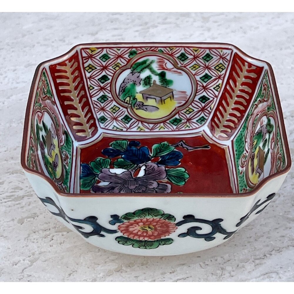 Antique Imari Japanese Porcelain Bowl Octagonal Hand Painted Marked Scene Floral